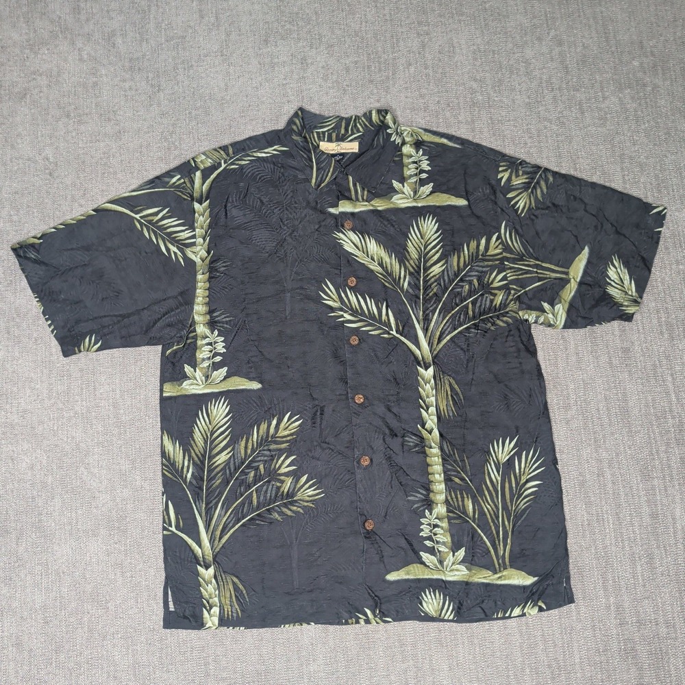 Tommy Bahama Relax Mens Medium Black Silk Palm Tree Jacquard Camp Shirt